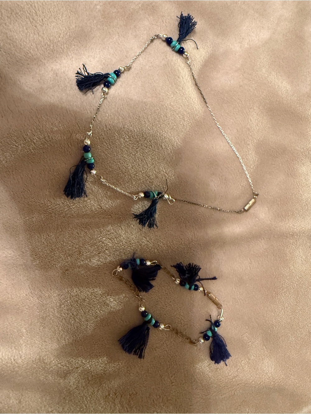 Handmade Delicate Navy Tassel Necklace and Bracelet Set